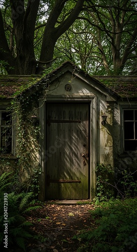Weathered Wooden Door Covered with Ivy on Abandoned Cottage in Dense Forest