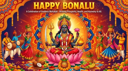 Bonalu Festival of Joy Vector Background with Decorated Brass Pots, Oil Lamps, Flowers, and Traditional Folk Dancers in South Indian Temple Night