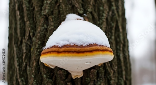 Snow Covered Bracket Fungus Growing on Rough Tree Trunk in Winter Forest