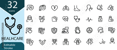 Healthcare icons set editable stroke 32 symbols for medical industry