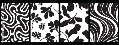 Set of Monochrome Abstract Patterns Featuring Organic Forms, Floral Elements and Modern Wavy Line Backgrounds