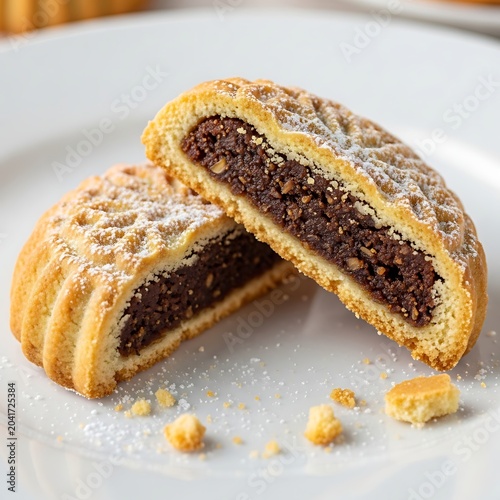 Powdered Fig Filled Shortbread Cookies Arranged on White Plate