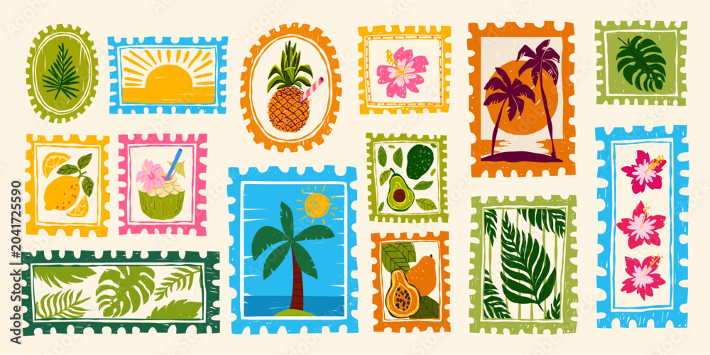 Obraz premium Tropical beach stamps set with summer cocktails. Vector illustration of vintage postcard patterns with fruit drinks, beach palm tree, flowers and sun, hand drawn vacation prints, retro travel stickers