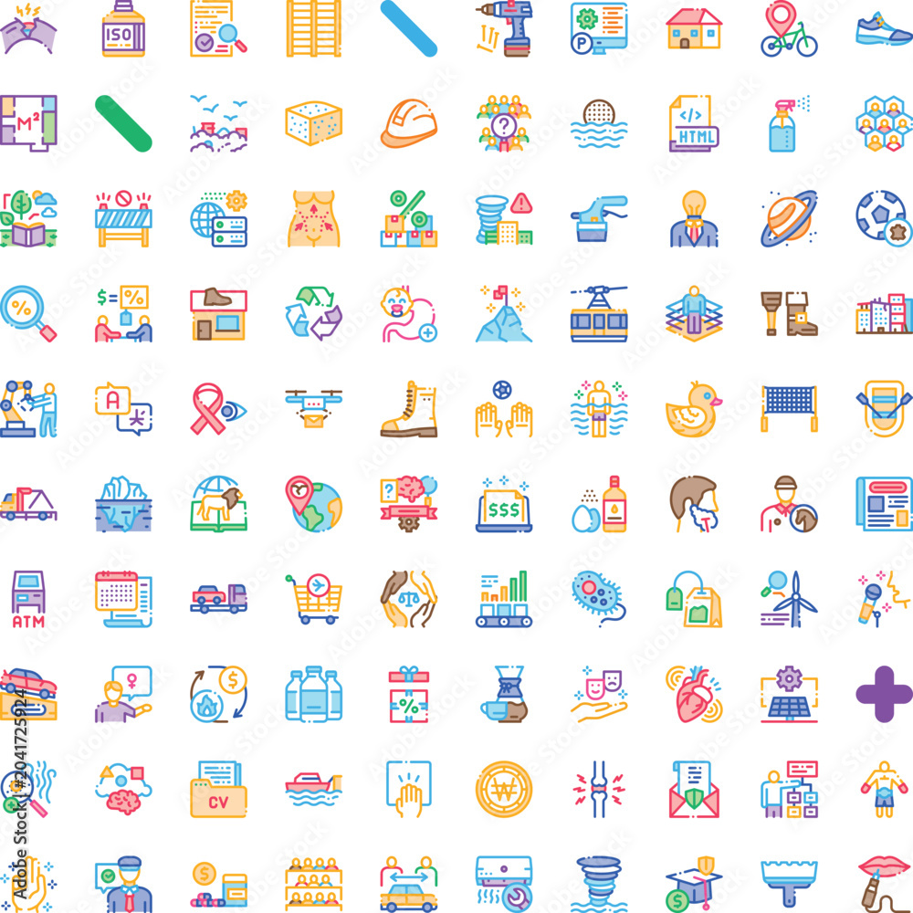 Naklejka premium Collection of colorful filled outline vector icons depicting technology, finance, health, environment, education and everyday life themes for web, app and infographic use