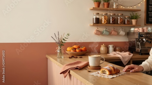 A steaming cup of latte with a fresh croissant presented for commercial use in cafe and bakery marketing. Ideal for menu design, digital advertising campaigns, and lifestyle content.