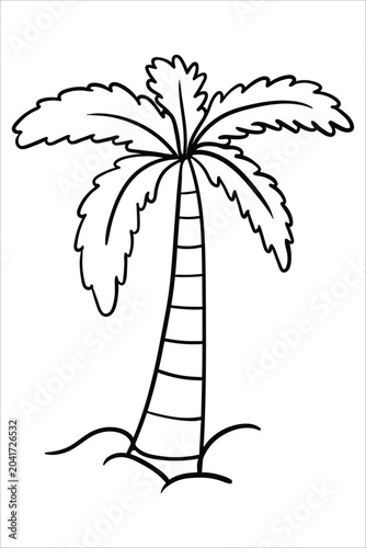Linear drawing of a tropical palm tree on a small island in doodle style.