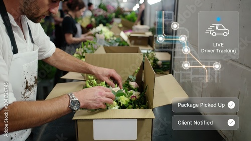 Florist packing flowers with live delivery tracking interface, ideal for e-commerce logistics, order fulfillment, and modern business marketing solutions.