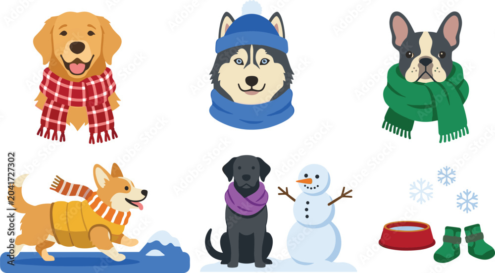 Fototapeta premium Winter Dog Collection with Cozy Puppy Scarves, Snowy Pet Characters, and Seasonal Cold Weather Moments in Cartoon Vector Illustration Style