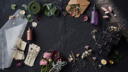 Creative flat lay featuring flowers, gift boxes, and craft supplies for business marketing. Ideal for promoting artisanal products, floristry services, or gift packaging solutions.