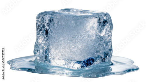 Obraz na plátně Melting ice cube with water puddle