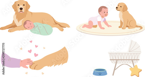 Fotografia Baby and Puppy Bond Collection with Gentle Pet Companionship, Newborn Care, and