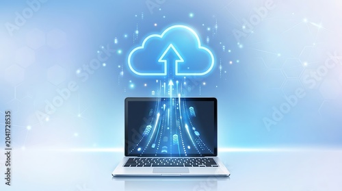 Cloud computing and data upload concept on laptop screen