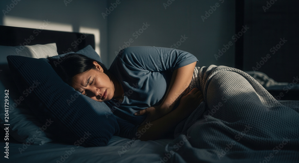 Obraz premium Woman Suffering From Abdominal Pain in Bed, Expressing Discomfort and Distress