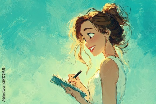 Wavy-haired young woman writing a love story in a bright blue-green glow