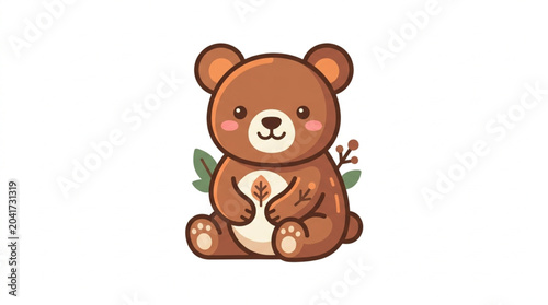 Slika na platnu Cute cartoon brown bear sitting with leaves.