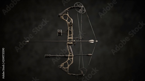  Drawn compound bow with taut string and arrow, side view on dark background. 
