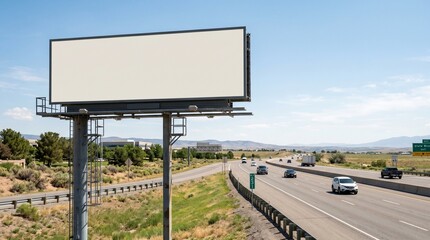 Blank billboard on the side of a highway with cars driving by on a sunny day