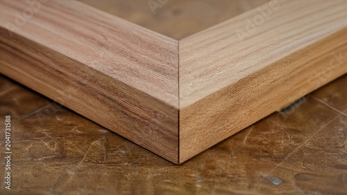  Two wooden boards joined at a precise angle, showcasing the seam and wood grain. 