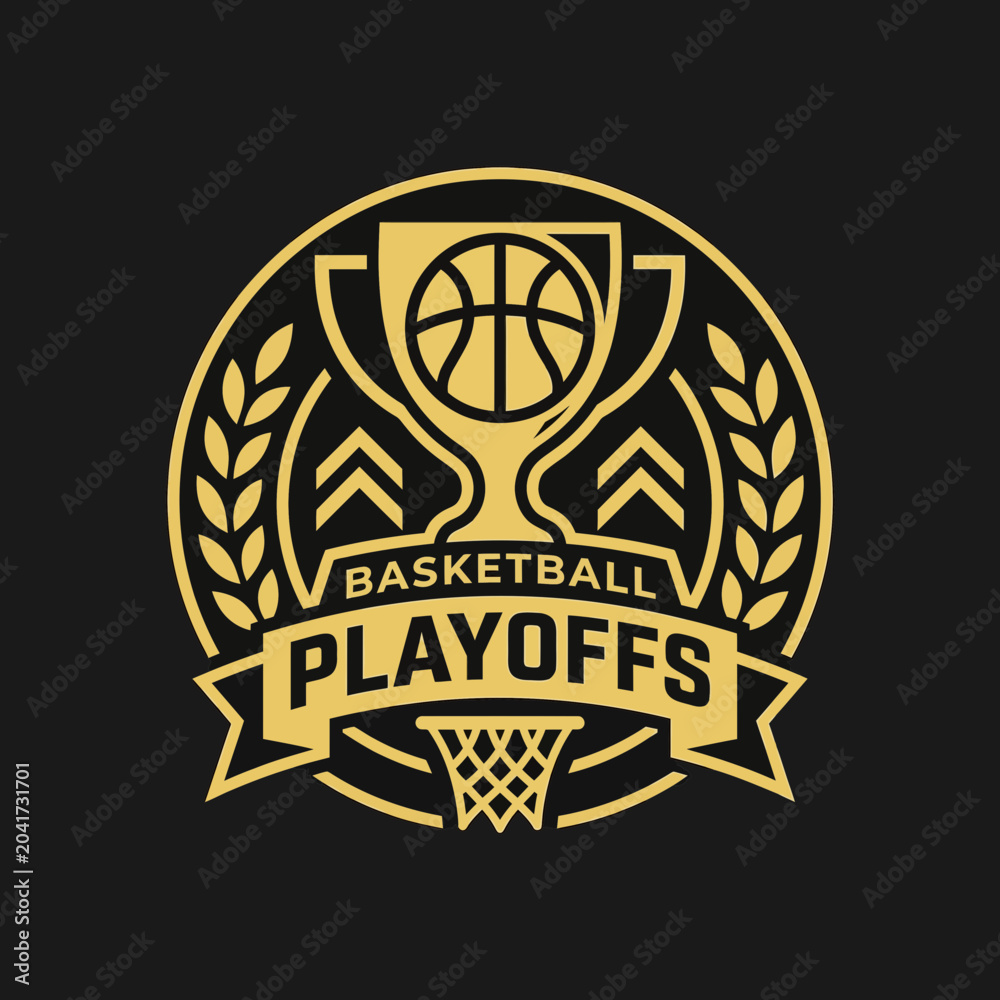 Obraz premium Elegant Gold Basketball Playoffs Logo Design Showcasing Championship Trophy and Sport Elements