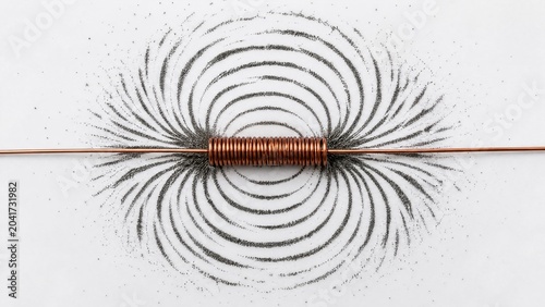 Iron filings in concentric circles around a wire coil, showing magnetic fields. 