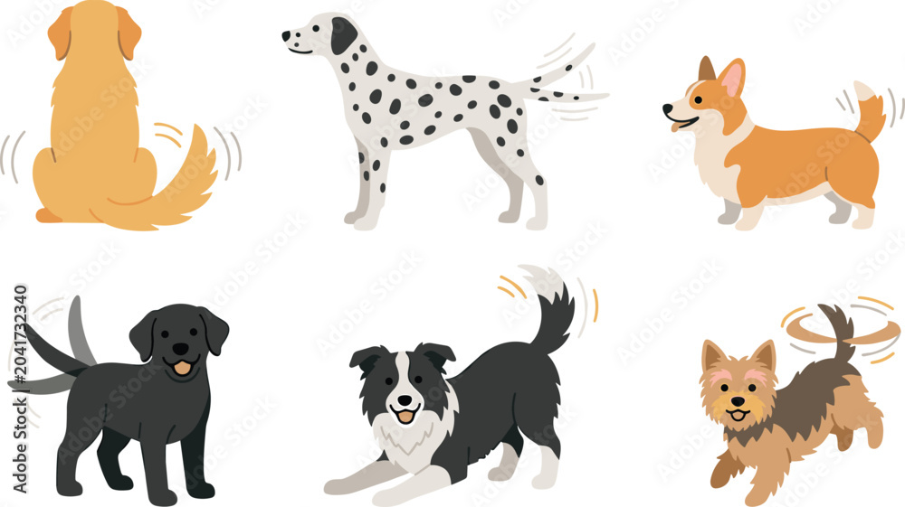 Obraz premium Dog Breed Movement Collection with Tail Wagging Canine Poses, Playful Pet Actions, and Cute Cartoon Dog Characters in Vector Illustration Style