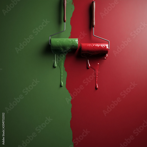 Farbroller mit grüner und roter Farbe auf geteilter Fläche. Kreatives Konzept für Renovierung, Farbgestaltung, Design, Veränderung und kreative Projekte mit Copyspace.