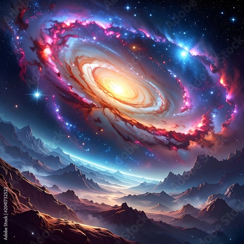 A vibrant galaxy with swirling clouds of gas and stars over a mountain range