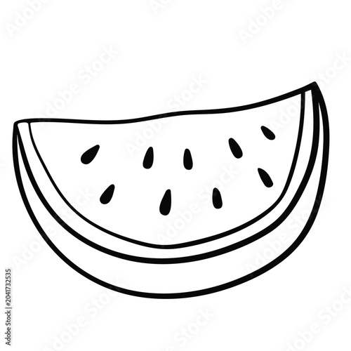 Black and white vector outline drawing of a fresh watermelon slice with seeds. Simple isolated graphic element in doodle style, perfectly suited for summer designs, cafe menus, kids coloring pages, vi