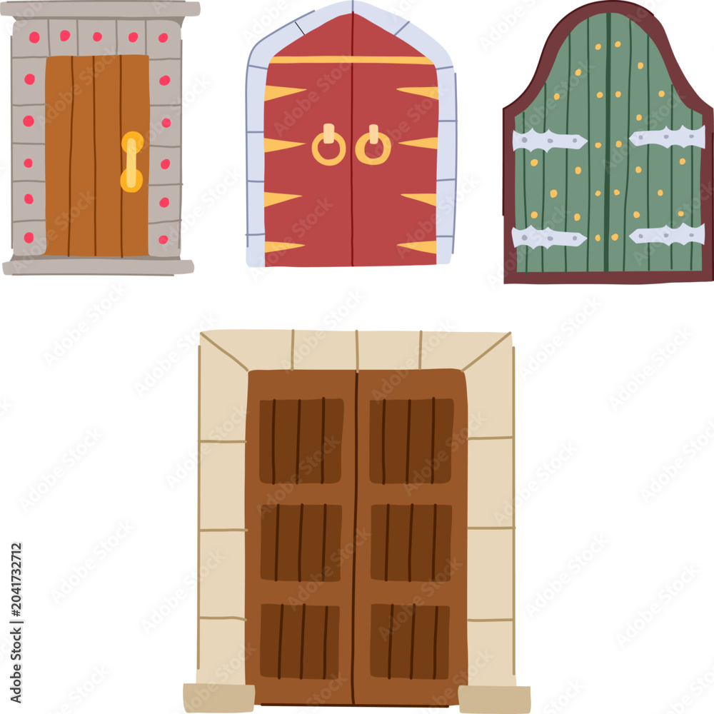 Fototapeta premium Assorted collection of illustrative medieval doors featuring various architectural styles, ornate details, and decorative elements creating a historical and fantasy portal concept
