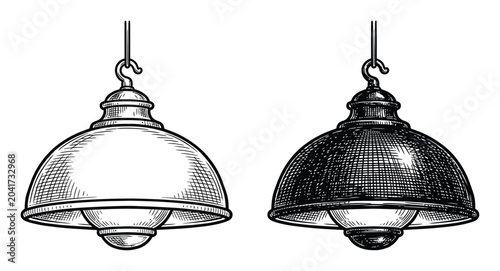 Tableau sur toile Vintage style hanging pendant lamps with dome shades in a detailed black and whi
