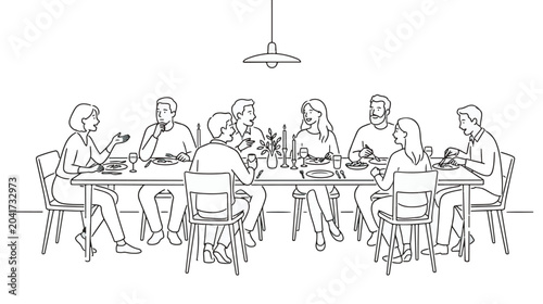 People gathered around a long dining table share a meal and conversation in this minimalist line art illustration that depicts a friendly social interaction in a warm home environment.