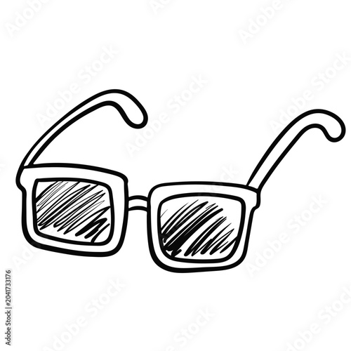 Black and white vector outline drawing of fashionable sunglasses with square frames and shaded lenses. Isolated graphic element in doodle style, perfectly suited for fashion, summer vacation,