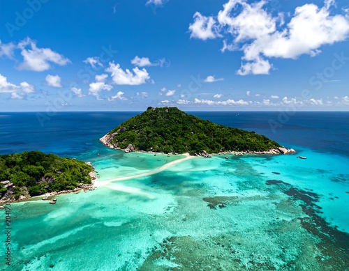 Lush Tropical Island Surrounded by Turquoise Lagoon Under Bright Blue Sky