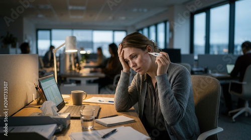 Woman Suffering From Illness Checks Temperature During Work In Office Setting