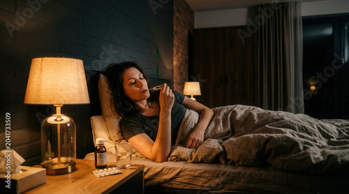 Woman Suffering From Illness Checks Temperature In Bed With Lamp Lighting