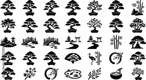 Fotografía Japanese Zen Garden Elements and Bonsai Tree Silhouettes Collection with Traditi