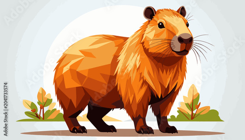 Stylized capybara with geometric fur texture stands on a light brown surface with small green plants