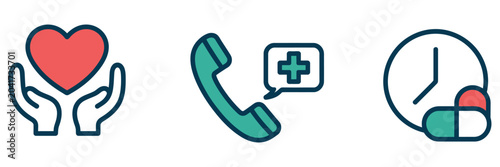 Quadro su tela Flat medical icons featuring hands holding a heart, emergency call, and dosage r