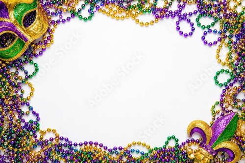 Mardi Gras Mask and Beads Frame: A festive border crafted from vibrant Mardi Gras beads and a masquerade mask, inviting revelry and celebration, perfect for event invitations and decorations.
