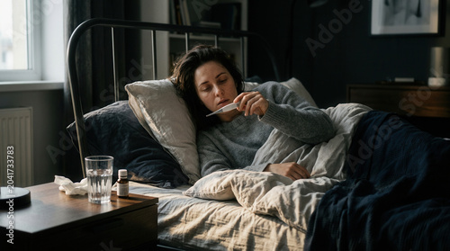 Woman Suffering From Illness Checks Temperature to Monitor Her Health Levels In Bed
