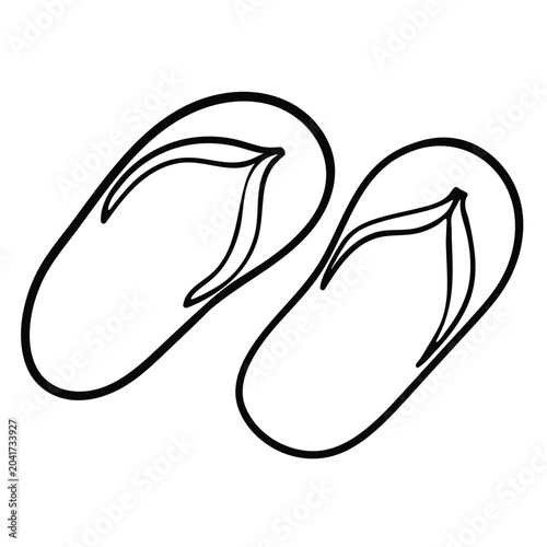 Black and white vector outline drawing of a pair of summer flip-flops. Simple isolated graphic element in doodle style, perfectly suited for summer and beach designs, travel brochures, coloring pages,