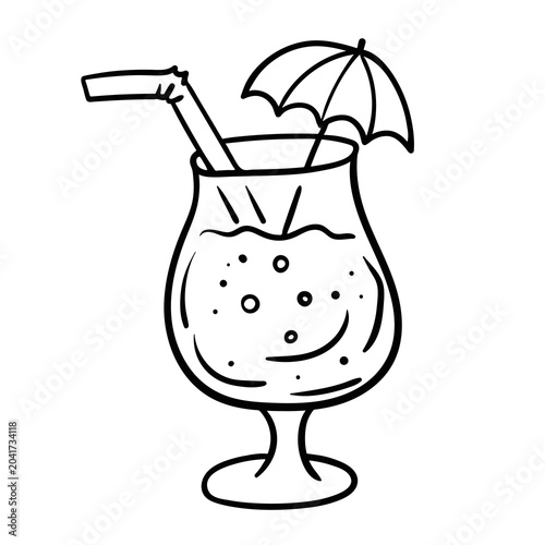 Linear drawing of a tropical cocktail with a straw and an umbrella in doodle style.