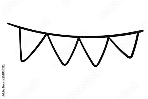 Black and white vector outline drawing of a garland with triangular flags. Simple isolated graphic element in doodle style, perfectly suited for decorating holidays, parties, birthdays, kids' projects