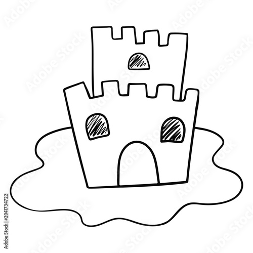 Black and white vector outline drawing of a fairy-tale sand castle with towers and windows. A fun isolated graphic element in doodle style, perfectly suited for summer and beach designs, kids' project