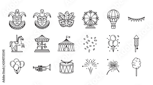 Carnival and Circus Icons in a Clean Outline Style for Festive Designs