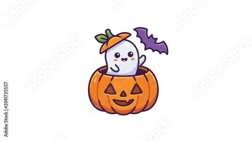 Foto Cute cartoon ghost in a jack o lantern with a bat.