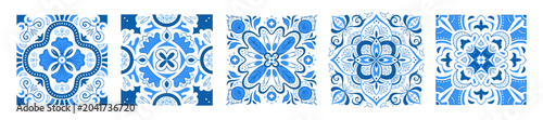 Mediterranean tile patterns, blue vector illustration on white background. Greek mosaics geometric elements for seamless frames, ornamental design interiors, traditional italian, portuguese style