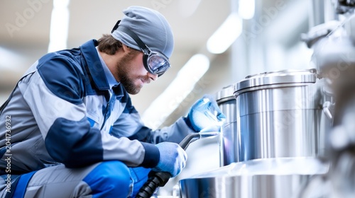 Skilled male worker in protective goggles and work uniform carefully performing gas tungsten arc welding on a metal part, representing industrial craftsmanship and modern manufacturing