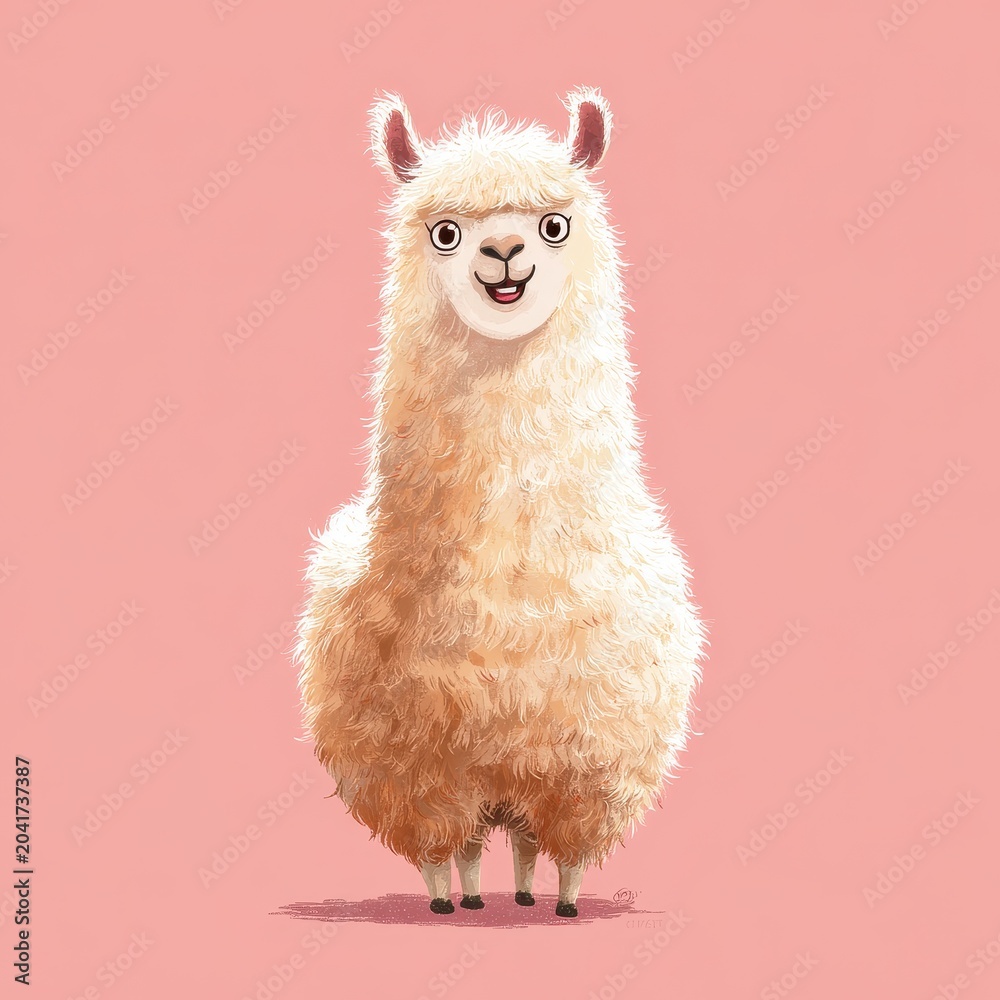 Fototapeta premium Whimsical alpaca portrait in pink tones, friendly cartoon style
