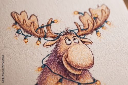 Whimsical hand-drawn moose with tangled Christmas lights for festive invitations